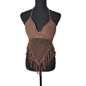 Sans Souci Womens Crochet Fringe Halter Top Size M Brown Boho Festival Resort